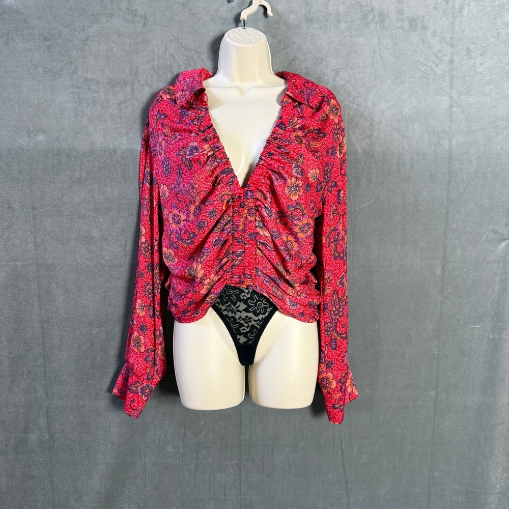 Free People Crop Top L Floral Ruched Blouse Red Pink Boho Bright Slip Smocked